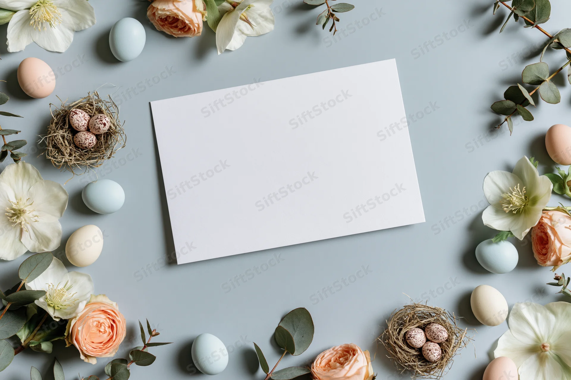 Blank white card surrounded by easter eggs, flowers and nests in a flat lay arrangement
