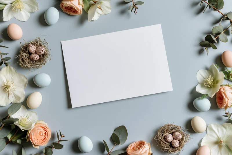 Blank white card surrounded by easter eggs, flowers and nests in a flat lay arrangement