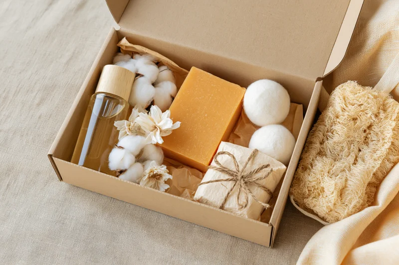 Open kraft gift box with natural skincare products arranged in flat lay overhead view on beige fabric background