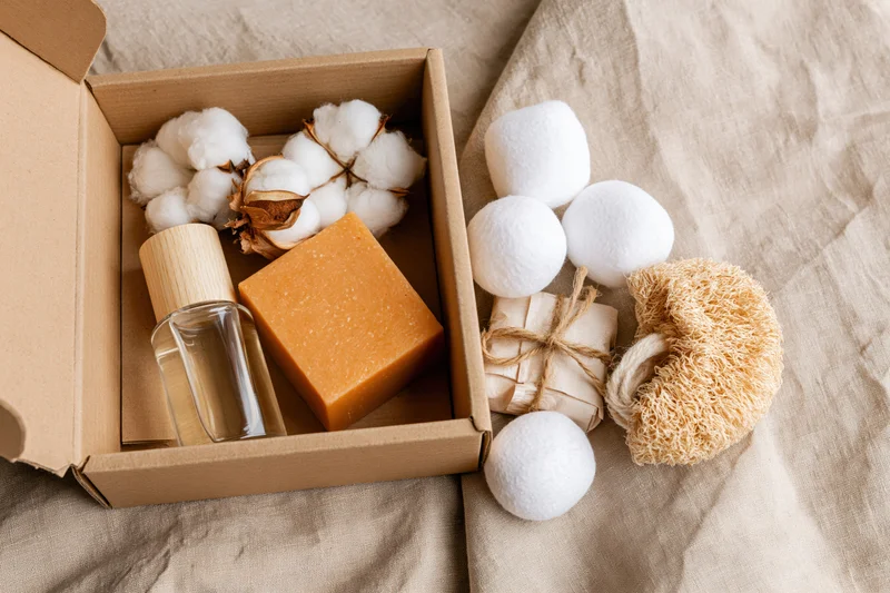 Open kraft gift box with natural skincare products arranged on linen fabric