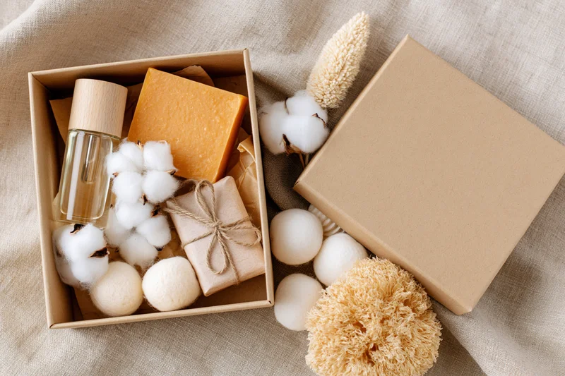 Open kraft gift box filled with natural skincare items and cotton on beige fabric