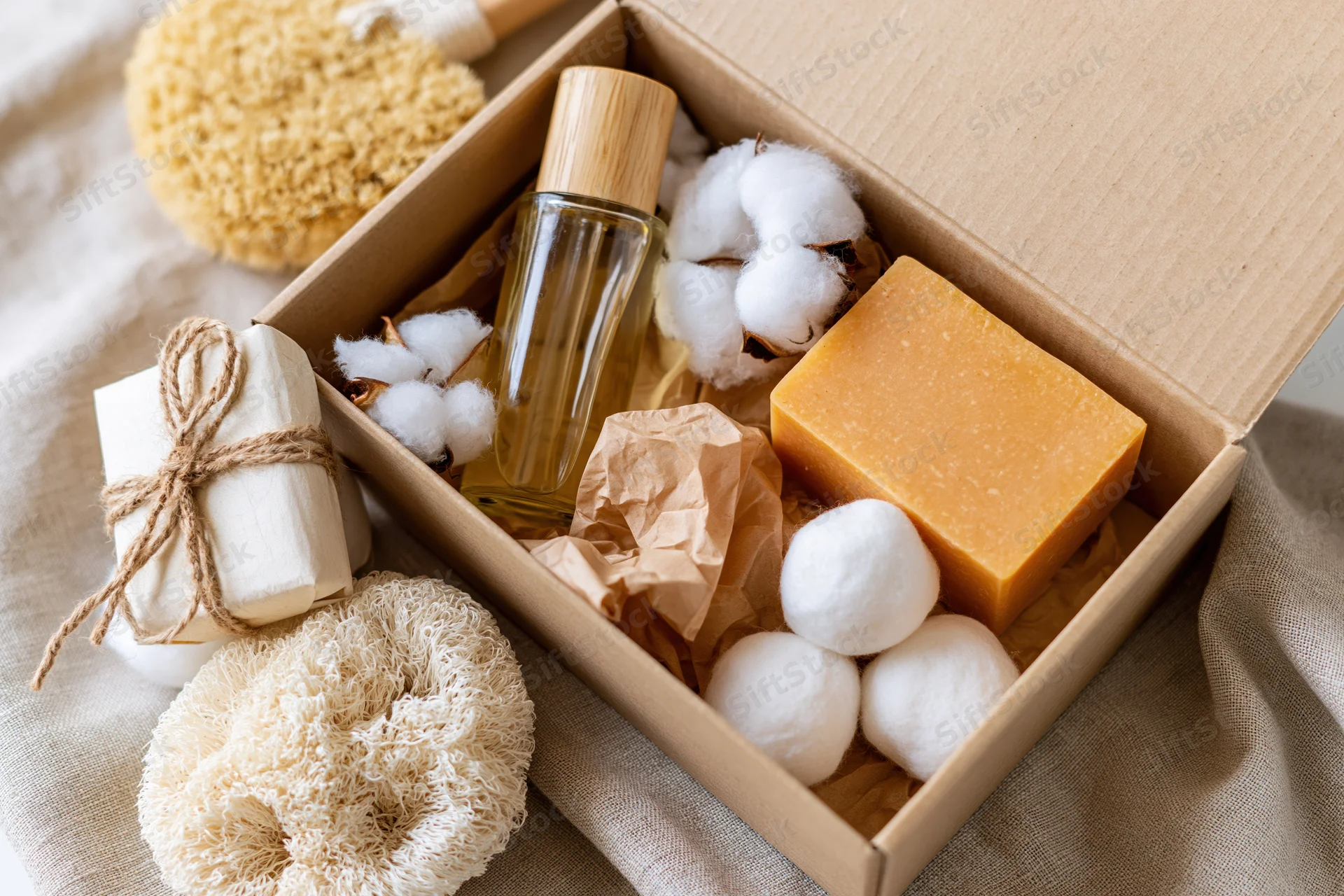 Open kraft gift box with natural skincare products arranged on fabric surface