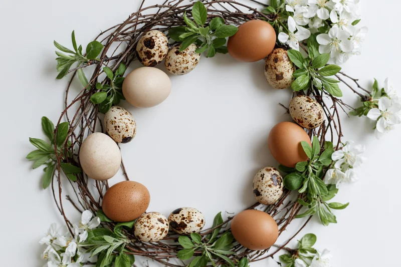 Easter wreath made of twigs with quail and chicken eggs, white blossoms and green leaves arranged in flat lay on white background