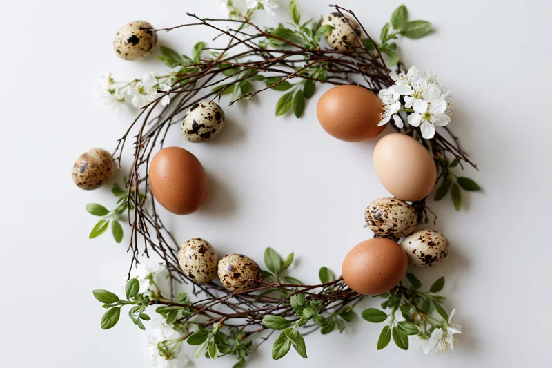 Easter wreath made of twigs, green leaves, white blossoms, and speckled and brown eggs arranged in a flat lay on white background