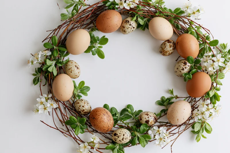 Easter wreath made of twigs, green leaves, white blossoms, and brown and speckled eggs arranged in a flat lay on white background