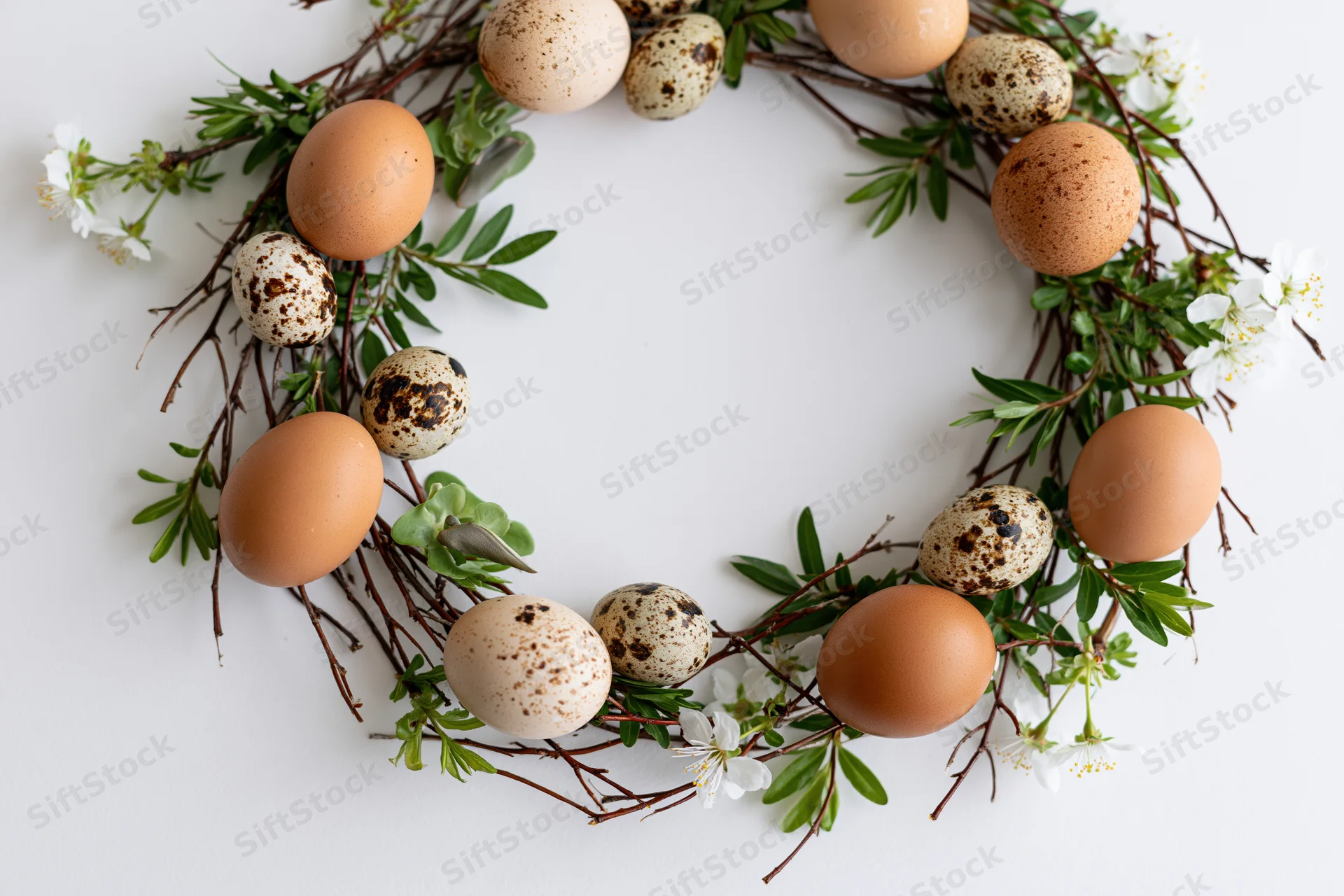 Easter wreath made of twigs greenery and eggs arranged in flat lay on white background