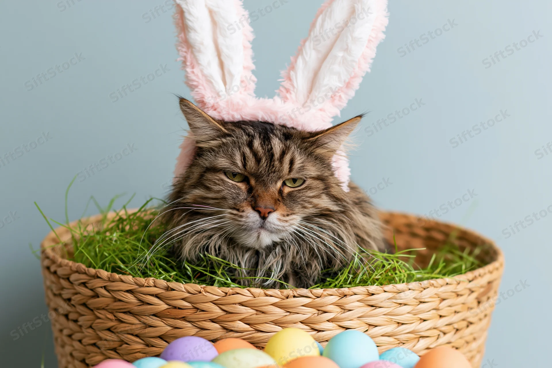Fluffy tabby cat wearing pink and white bunny ears sitting in a wicker basket filled with green grass and colorful easter eggs