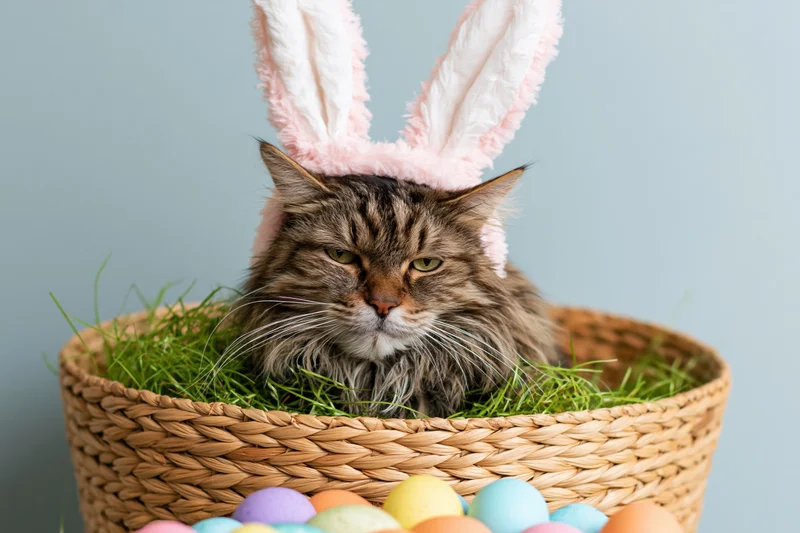 Fluffy tabby cat wearing pink and white bunny ears sitting in a wicker basket filled with green grass and colorful easter eggs