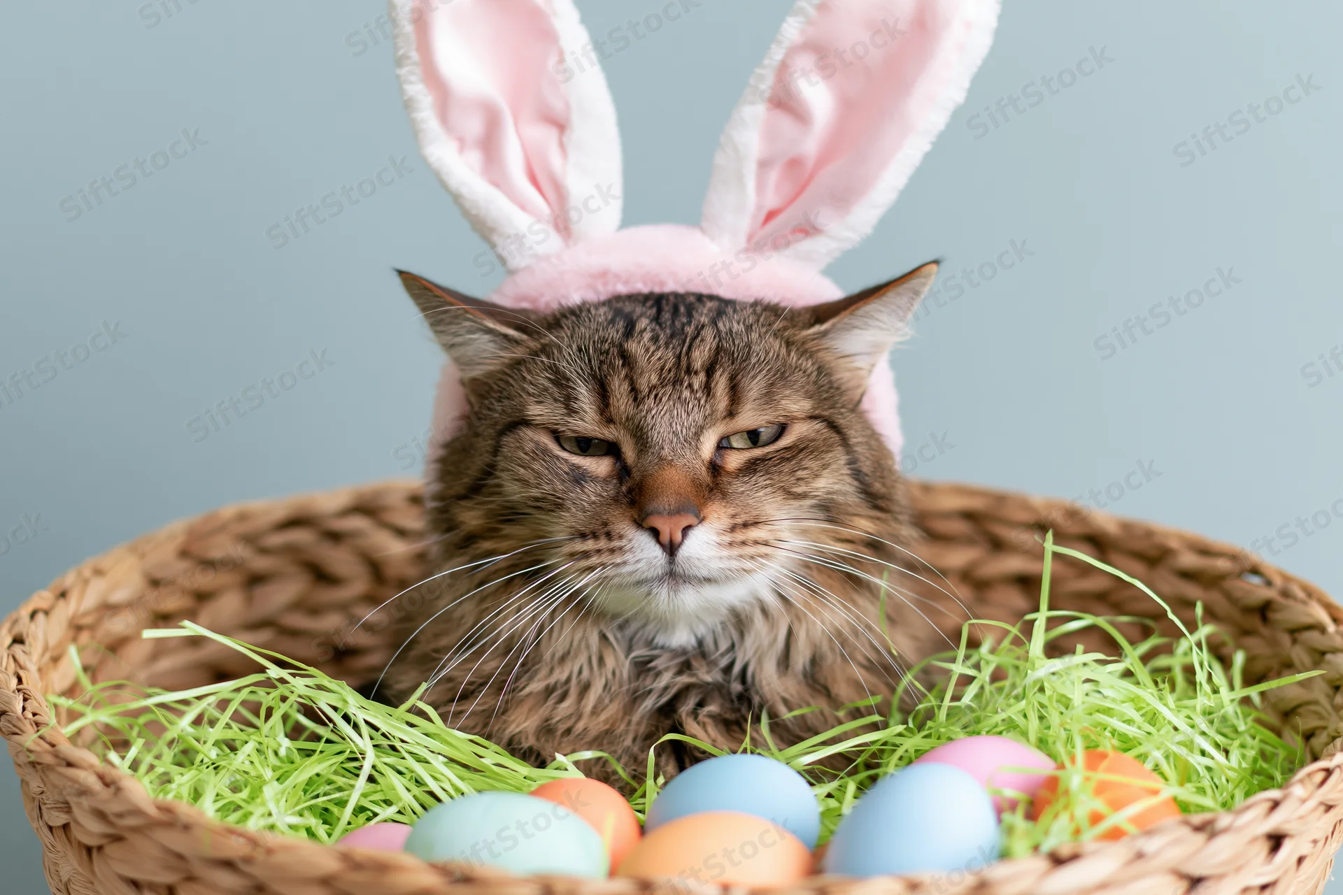 Fluffy tabby cat wearing pink and white bunny ears sitting in a wicker basket filled with green grass and pastel eggs