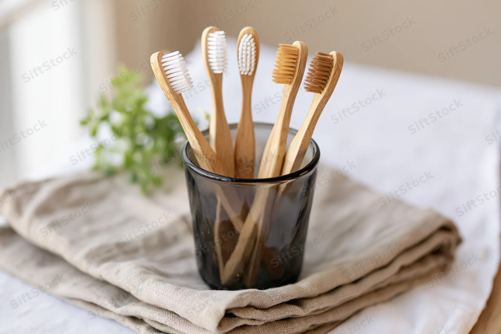 Bamboo toothbrushes with mixed bristle colors standing in a glass cup on folded linen towel near a small green plant