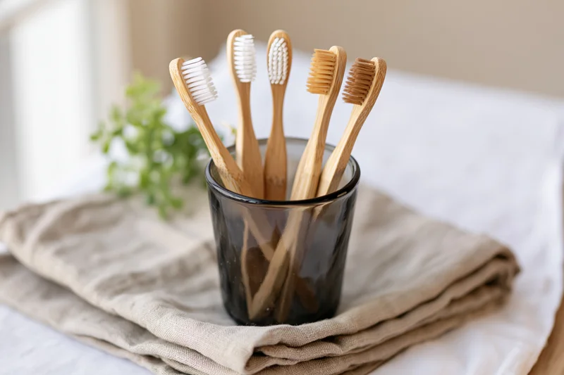 Bamboo toothbrushes with mixed bristle colors standing in a glass cup on folded linen towel near a small green plant