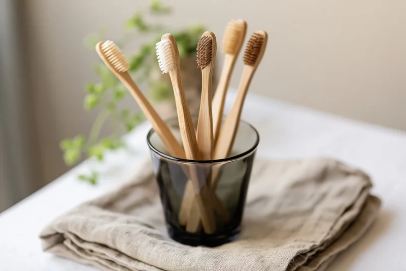 Bamboo toothbrushes with mixed bristle colors standing in a glass cup on a folded linen towel on a bathroom countertop