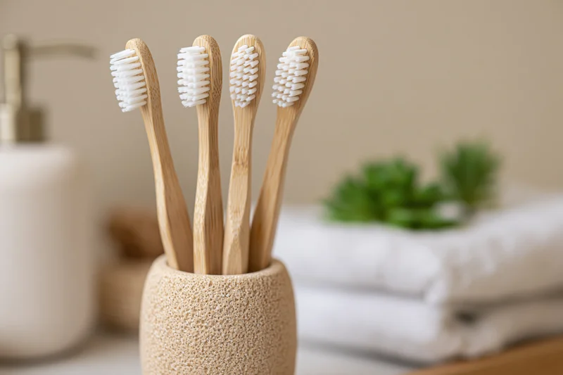 Four bamboo toothbrushes with white bristles standing upright in a textured ceramic holder on a bathroom countertop