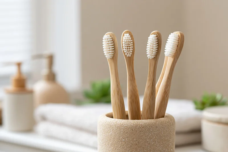 Four bamboo toothbrushes with white bristles standing upright in a ceramic holder on a bathroom countertop
