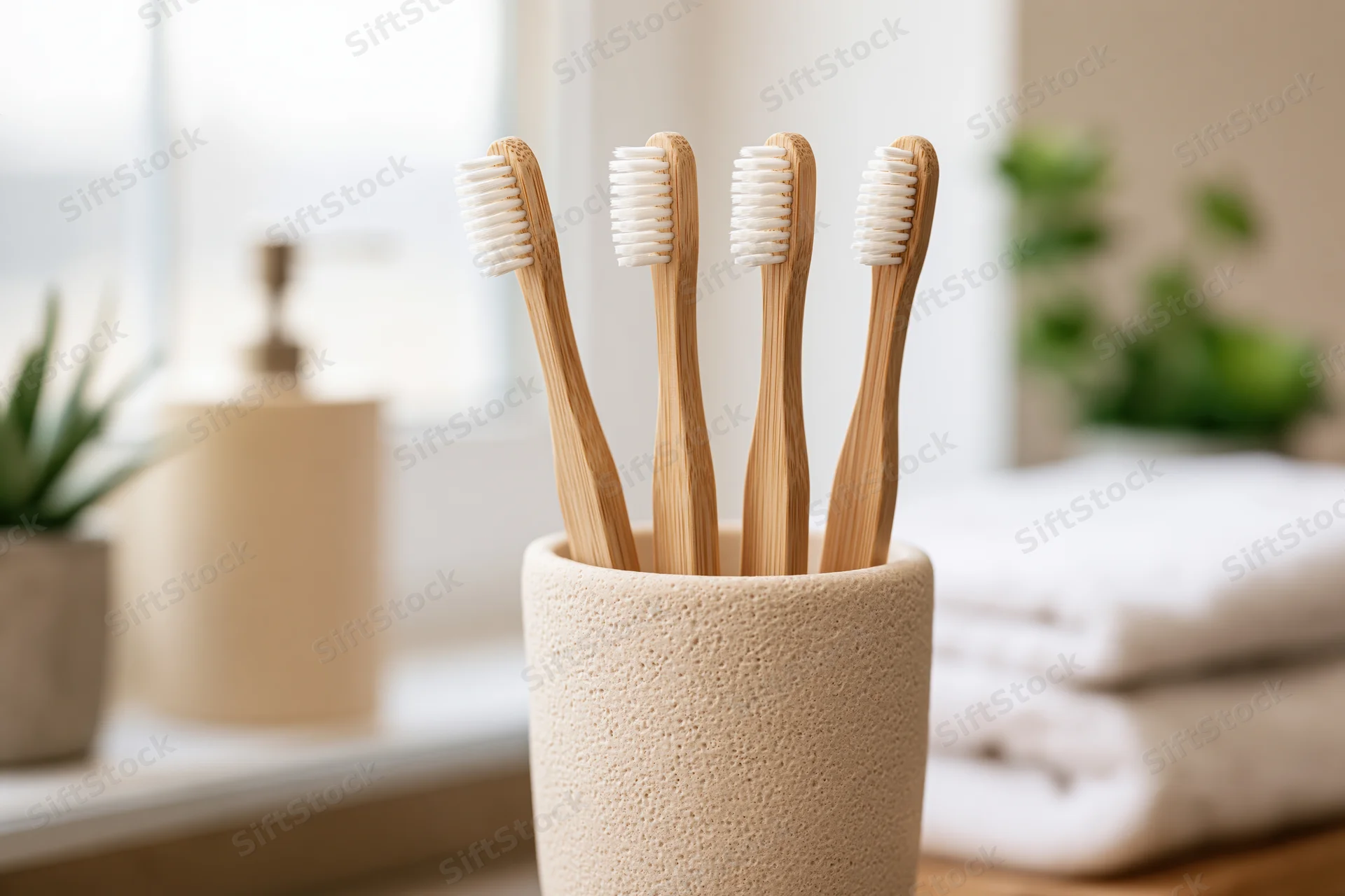 Four bamboo toothbrushes with white bristles standing upright in a ceramic holder on a bathroom countertop
