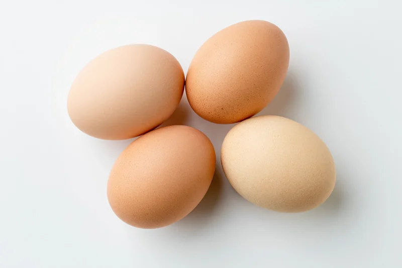 Four brown chicken eggs arranged loosely on a flat white surface