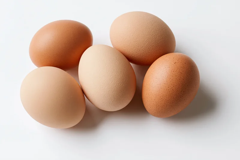 Five brown chicken eggs arranged loosely on a flat white surface