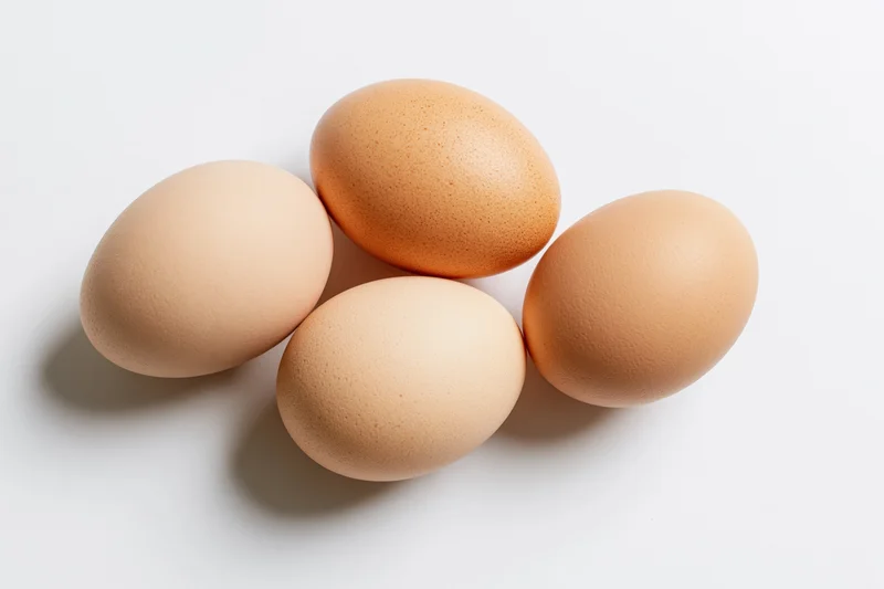 Four brown chicken eggs arranged loosely on a flat white surface