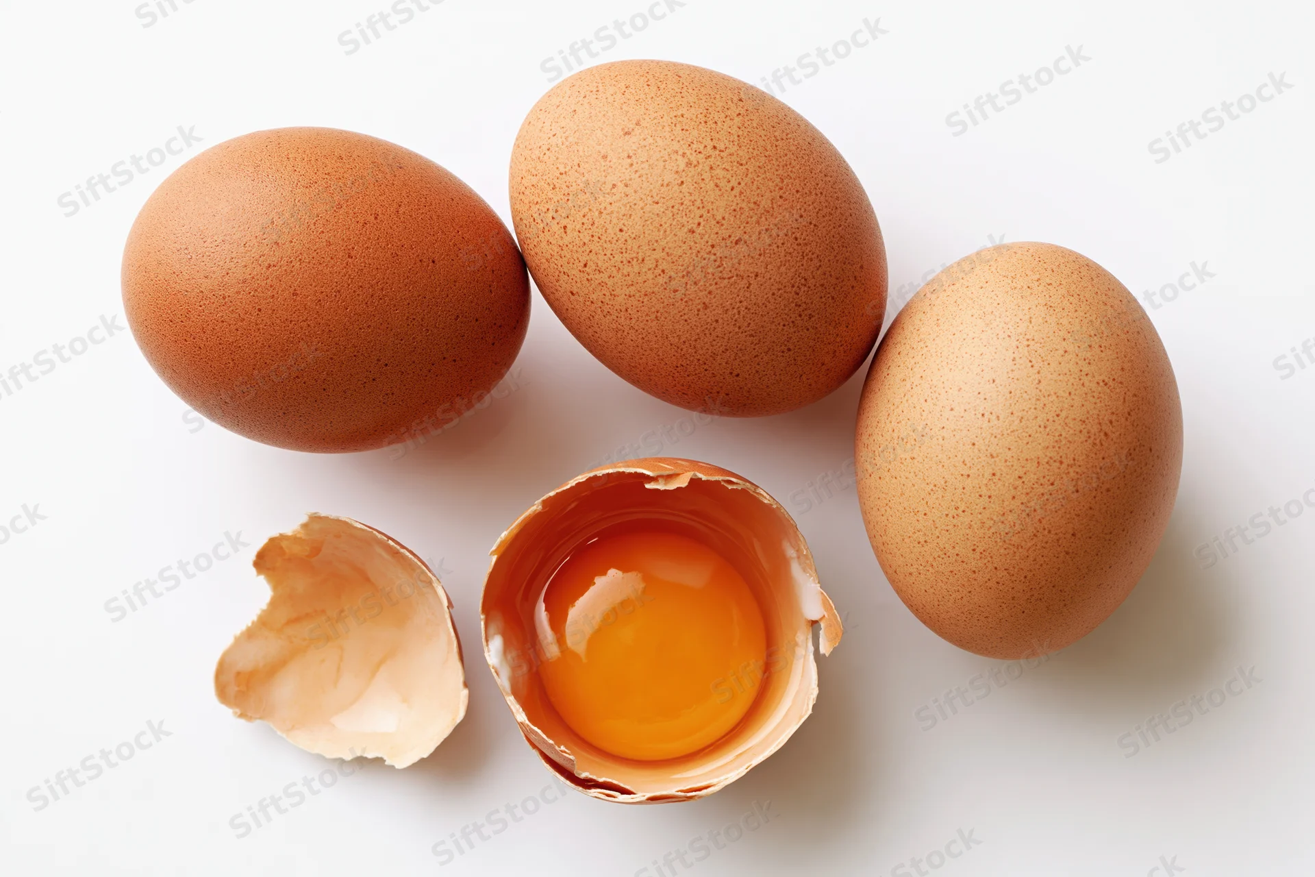 Four brown chicken eggs arranged loosely on white surface with one cracked open revealing yolk and shell fragments