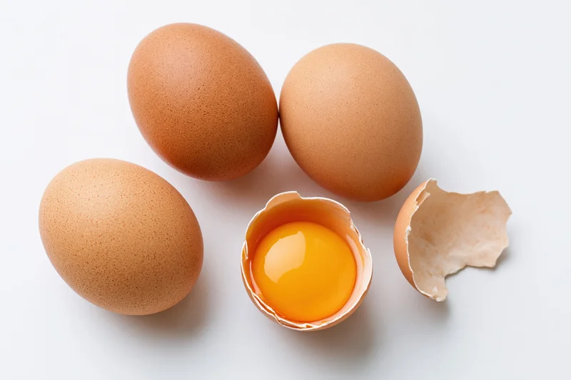 Four brown chicken eggs arranged on white surface with one cracked open revealing yolk