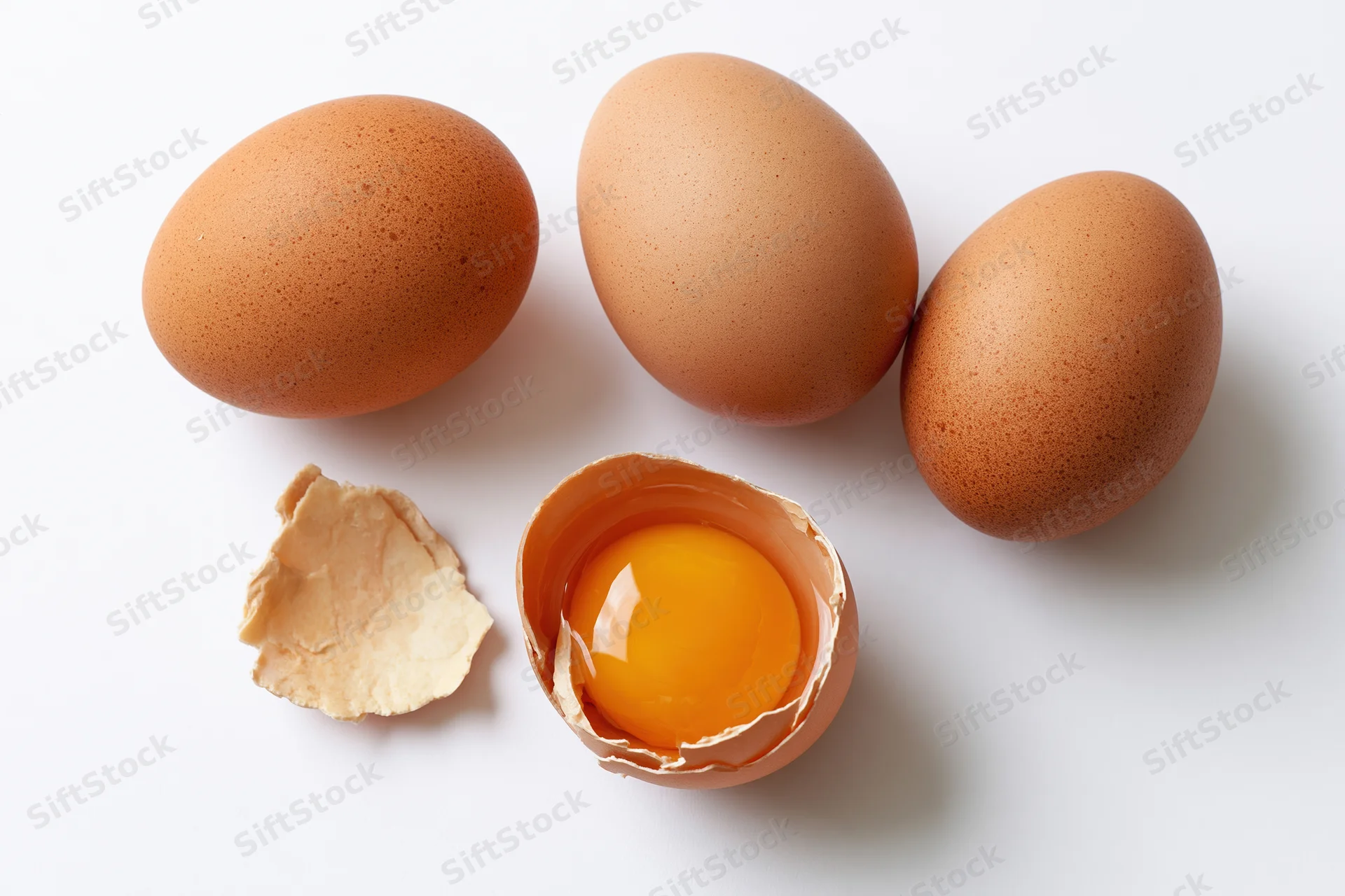 Four brown chicken eggs arranged loosely on white background with one cracked open showing yolk and shell fragment