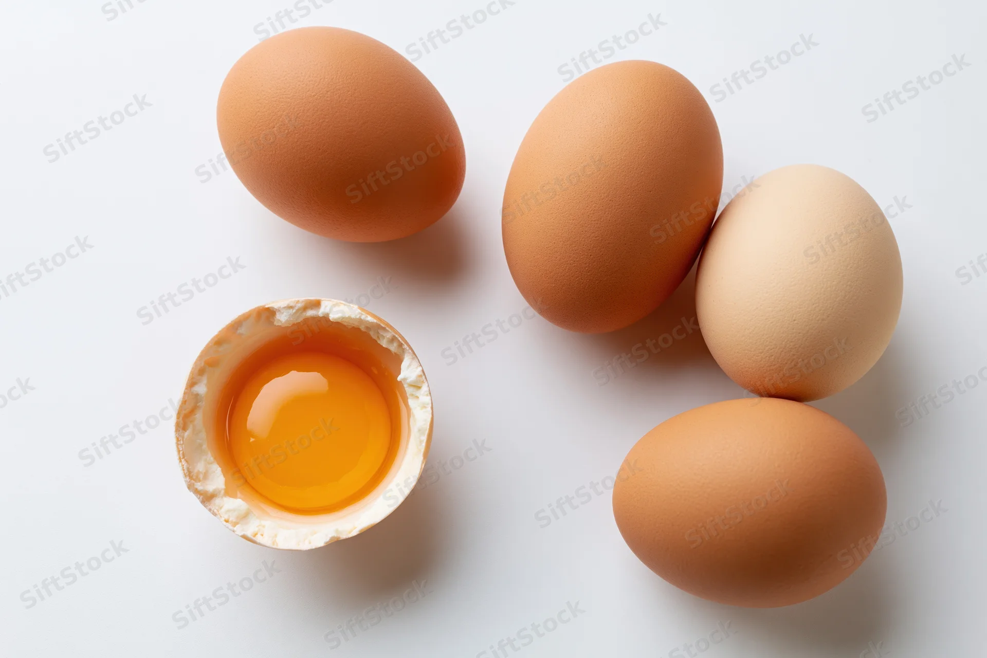 Four brown chicken eggs arranged on white background with one cracked open showing yolk