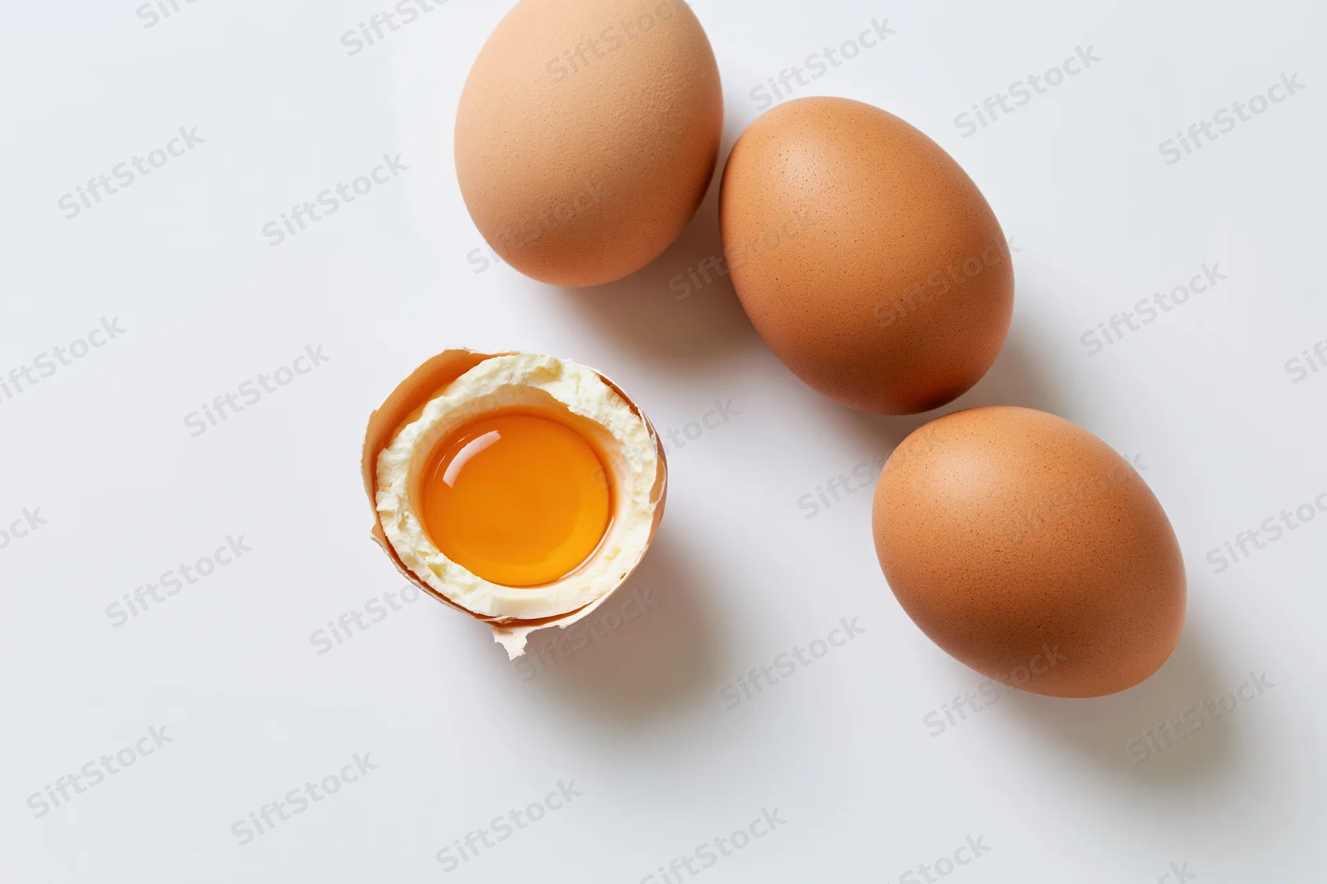 Four brown chicken eggs arranged on a white surface with one cracked open to reveal the yolk