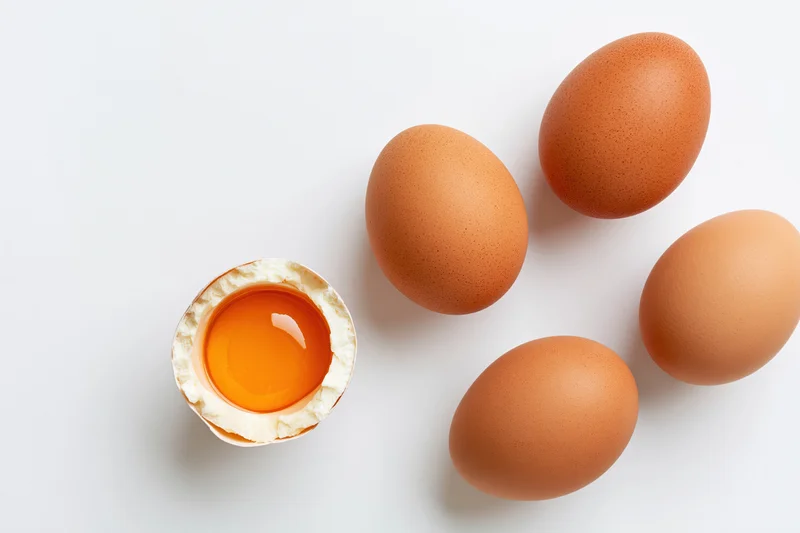 Four brown chicken eggs arranged on white background with one cracked open showing yolk