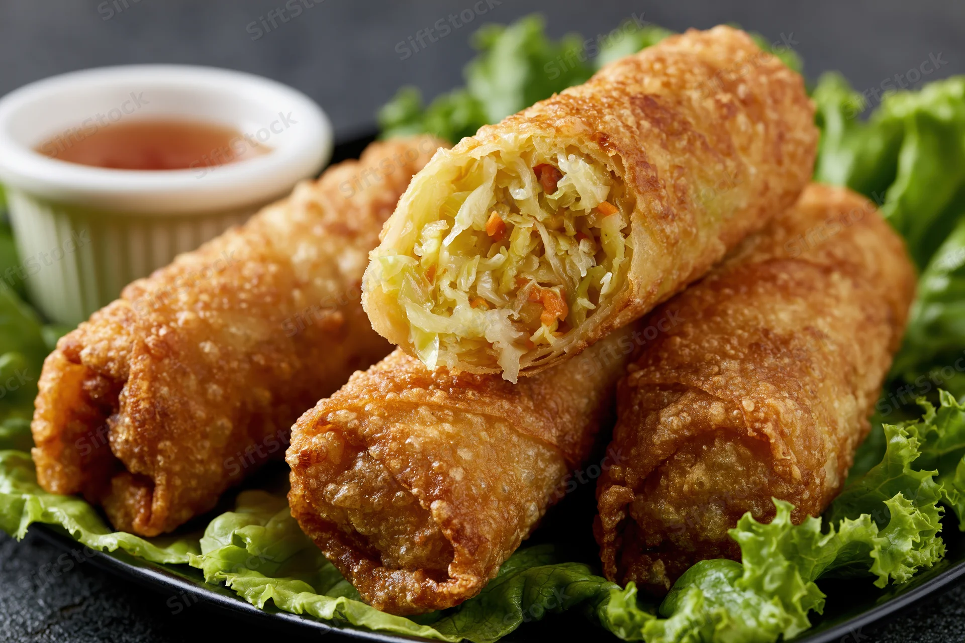 Four deep-fried egg rolls stacked on fresh green lettuce leaves with dipping sauce on a black plate