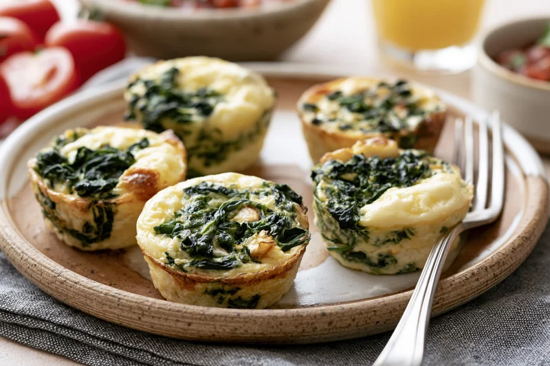 Egg muffin cups with spinach and chicken arranged on a rustic ceramic plate with a fork and side dishes in the background