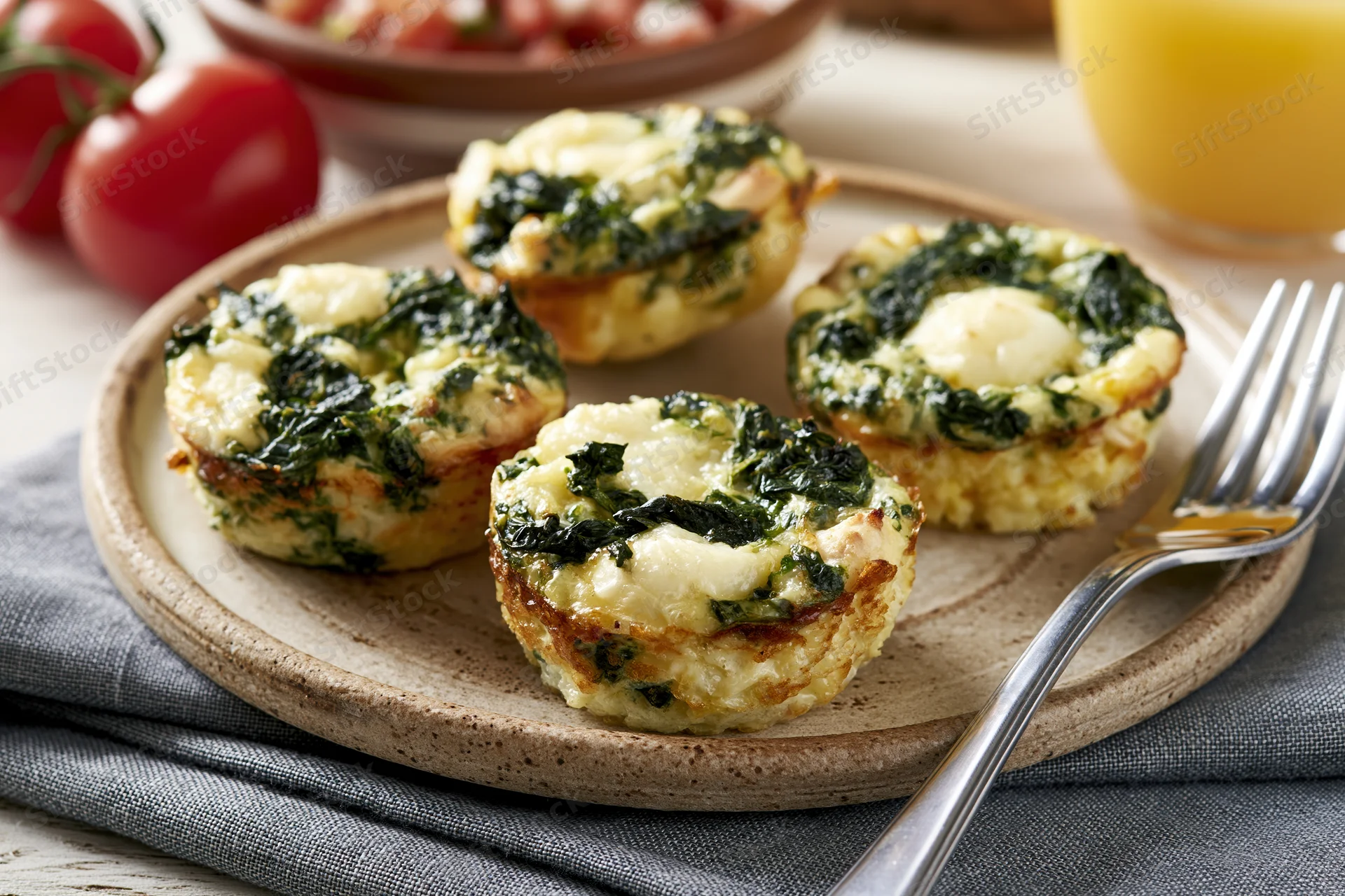 Four egg muffin cups with spinach and chicken arranged on a rustic ceramic plate with a fork and napkin on a table