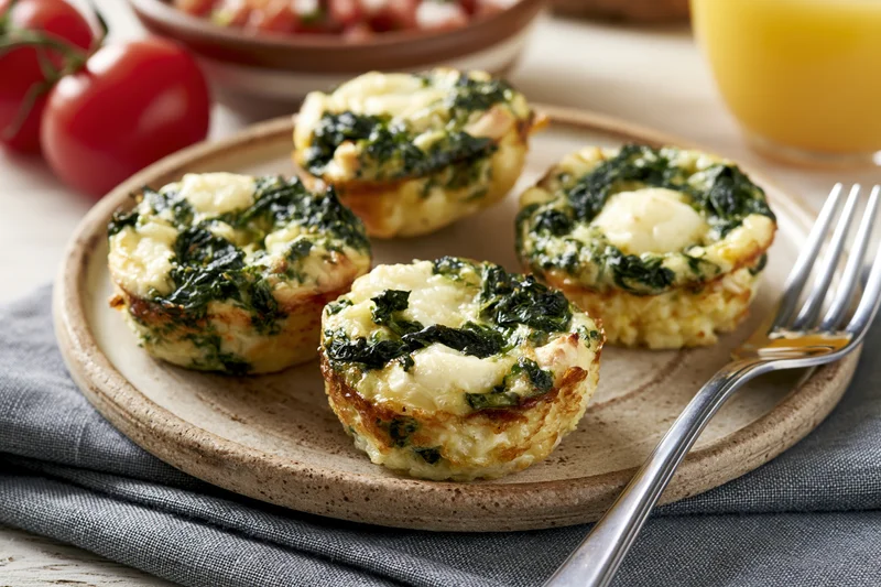 Four egg muffin cups with spinach and chicken arranged on a rustic ceramic plate with a fork and napkin on a table