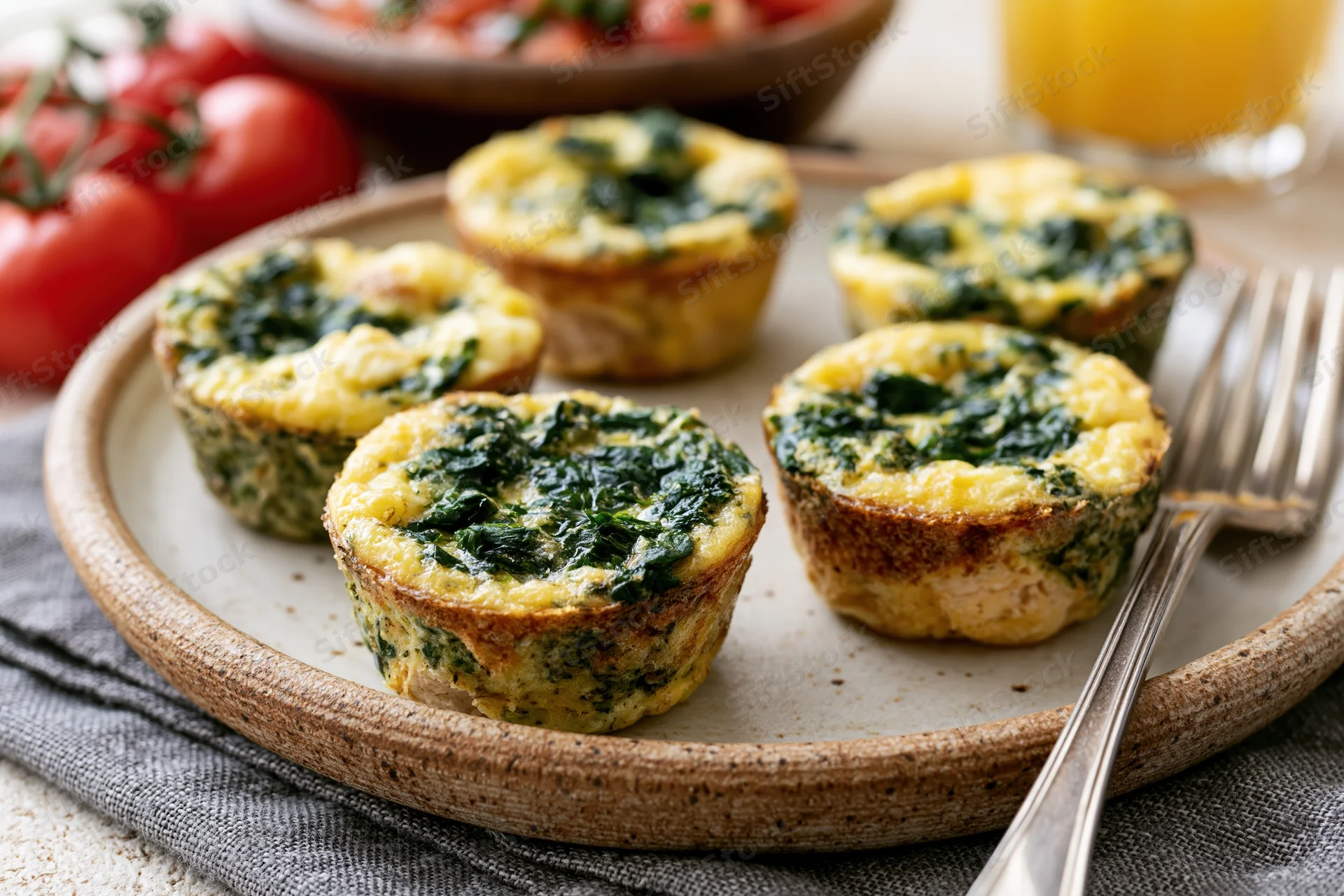 Egg muffin cups with spinach and chicken arranged on a rustic ceramic plate with fork and fresh tomatoes nearby