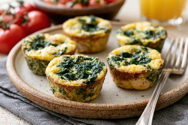 Egg muffin cups with spinach and chicken arranged on a rustic ceramic plate with fork and fresh tomatoes nearby
