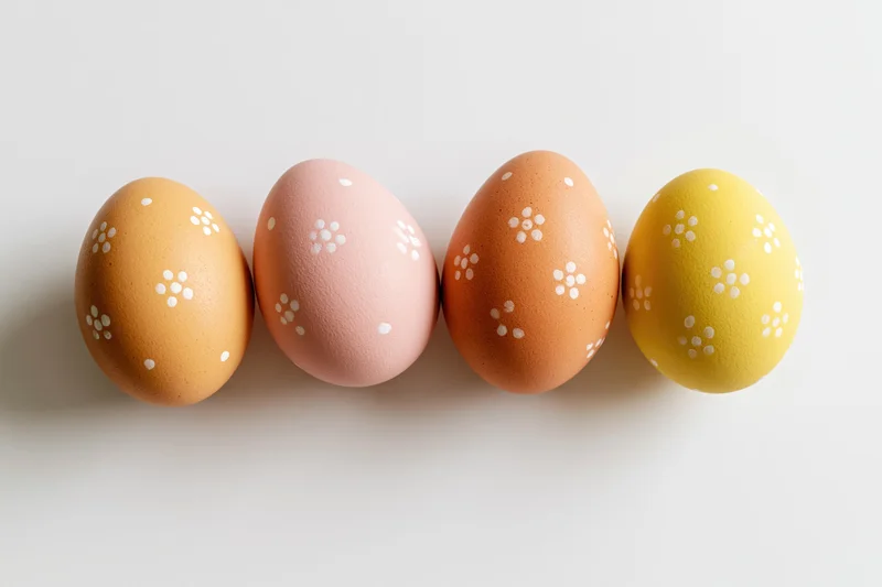 Four hand-painted easter eggs arranged in a horizontal row on a white surface with copyspace