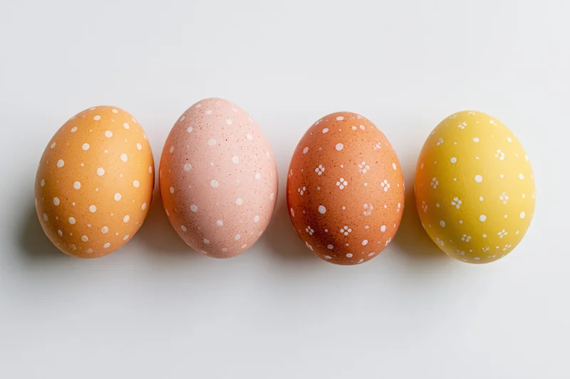 Four hand-painted easter eggs with white polka dots arranged in a row on a white surface