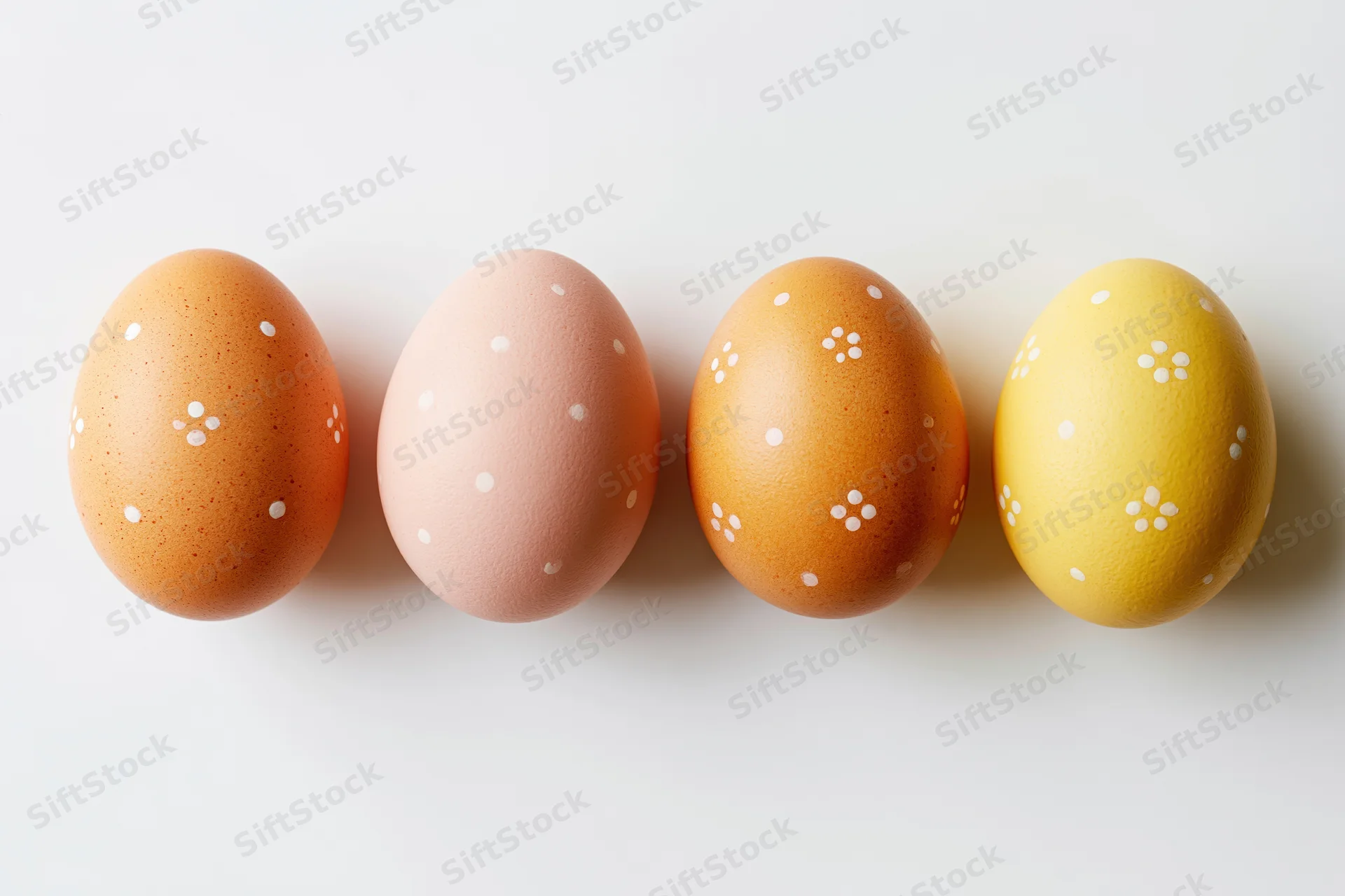 Four hand-painted easter eggs arranged in a horizontal row on a white background