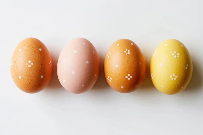 Four hand-painted easter eggs arranged in a horizontal row on a white background