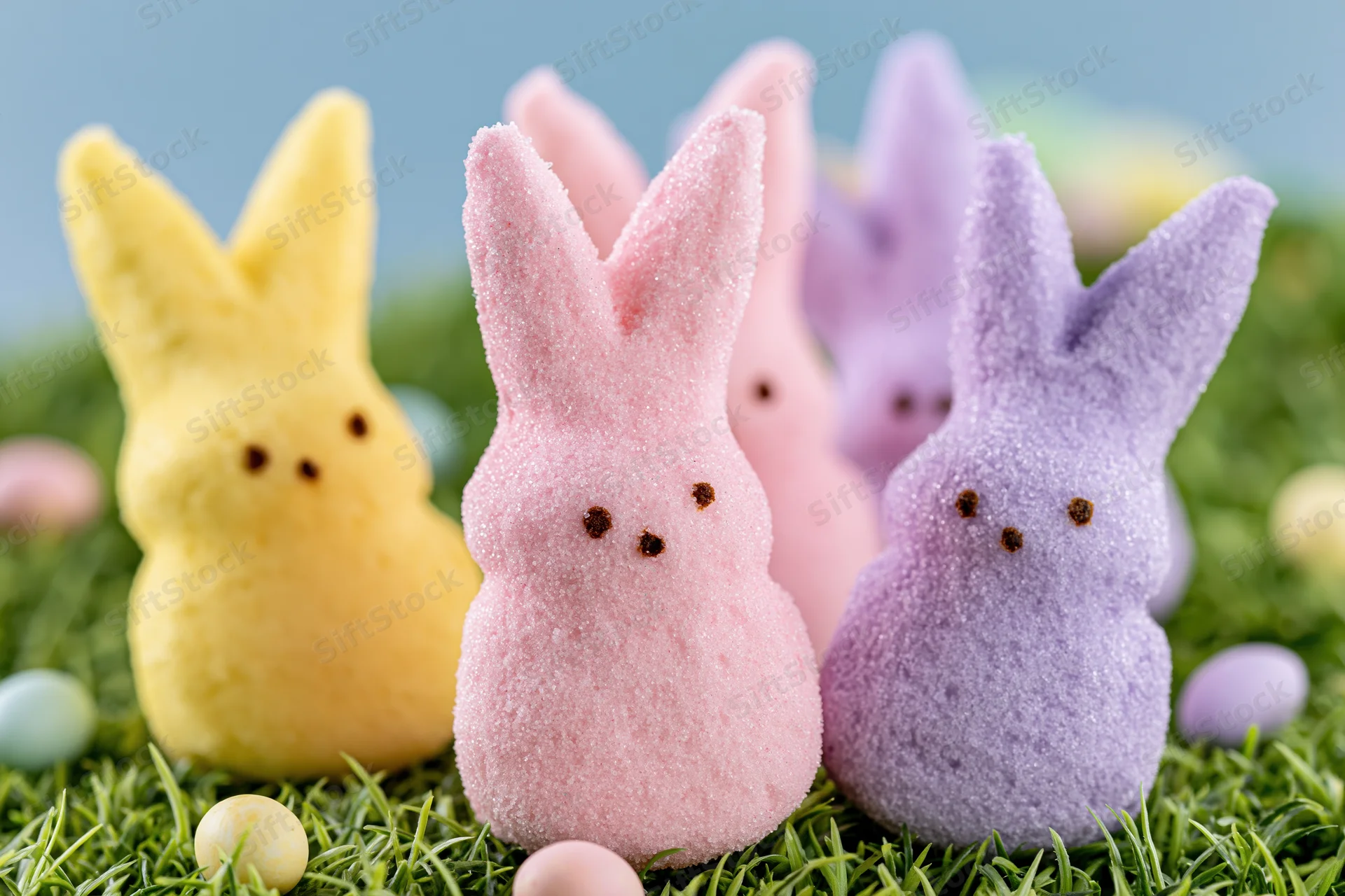Marshmallow Peeps bunny candies in yellow, pink, and purple arranged on green grass with small eggs scattered around