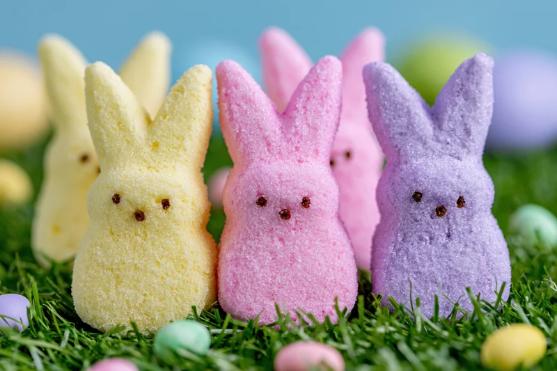 Marshmallow Peeps bunny candies in yellow, pink and purple arranged on green grass with small colorful eggs scattered around