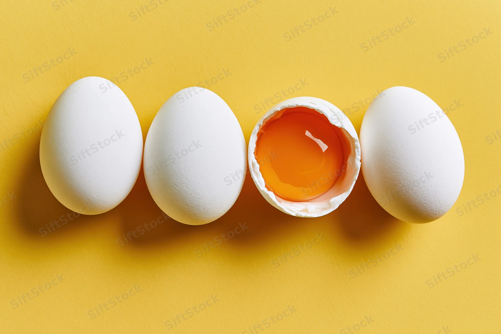 Four white chicken eggs in a row on a yellow surface with one cracked open revealing the yolk