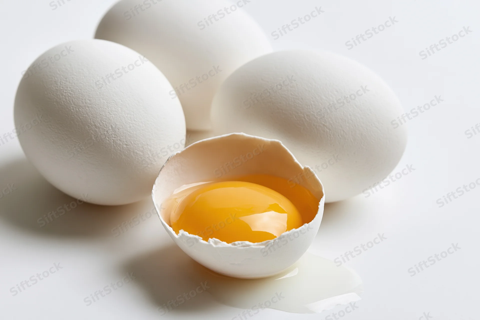 Four white chicken eggs on plain white surface one cracked with yolk visible