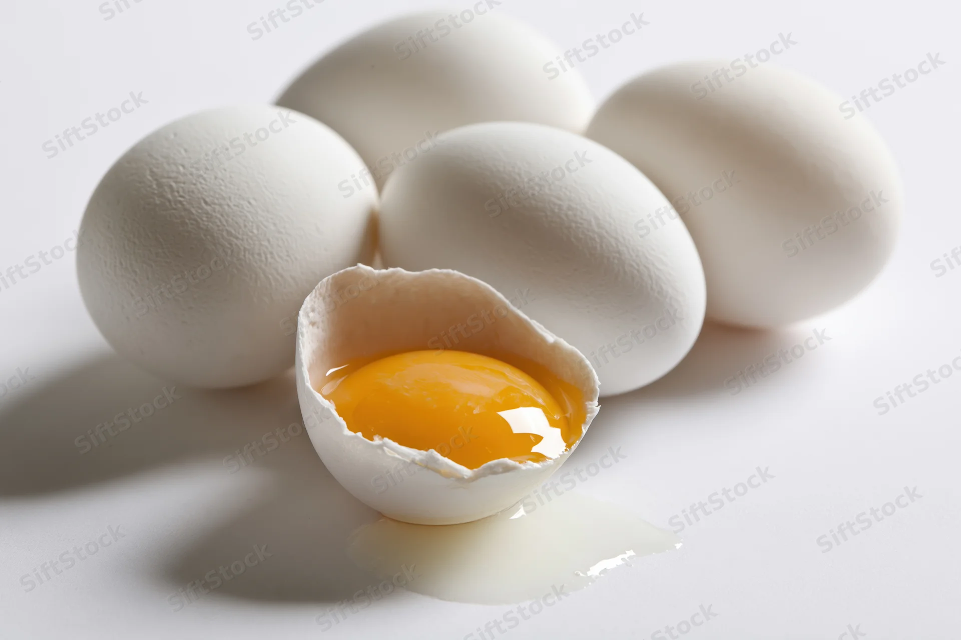 Cracked chicken egg with yolk and white on plain white surface, four whole eggs in background