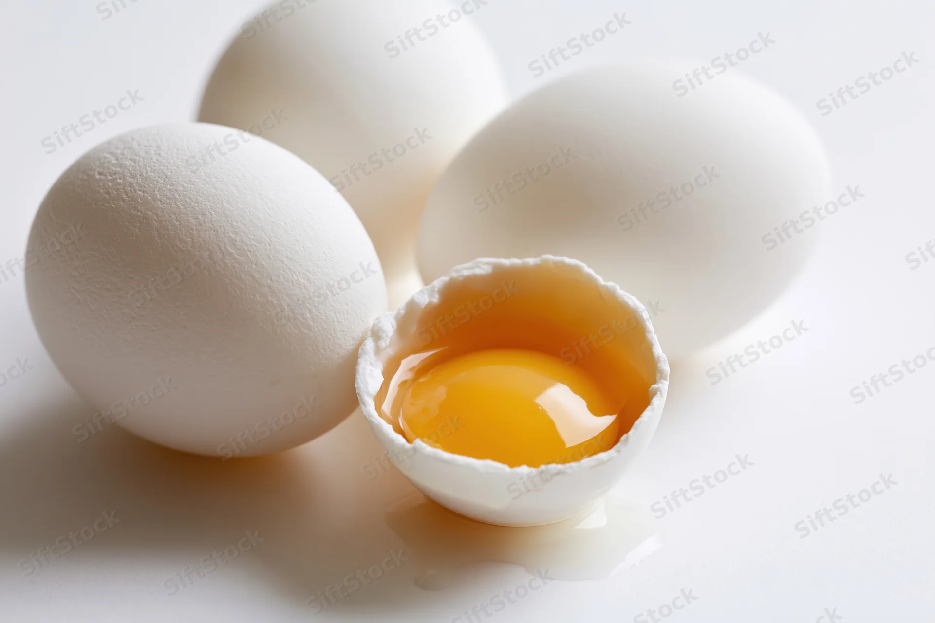 Four white chicken eggs on plain white surface one cracked with yolk visible