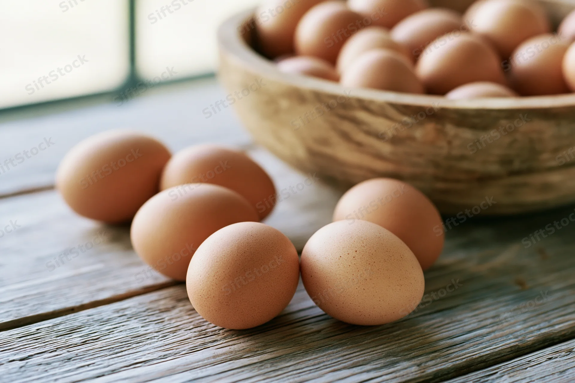 Brown chicken eggs arranged on a weathered wooden table