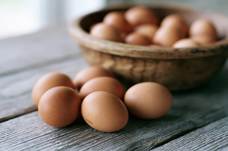 Brown chicken eggs arranged on a weathered wooden table with a basket in the background