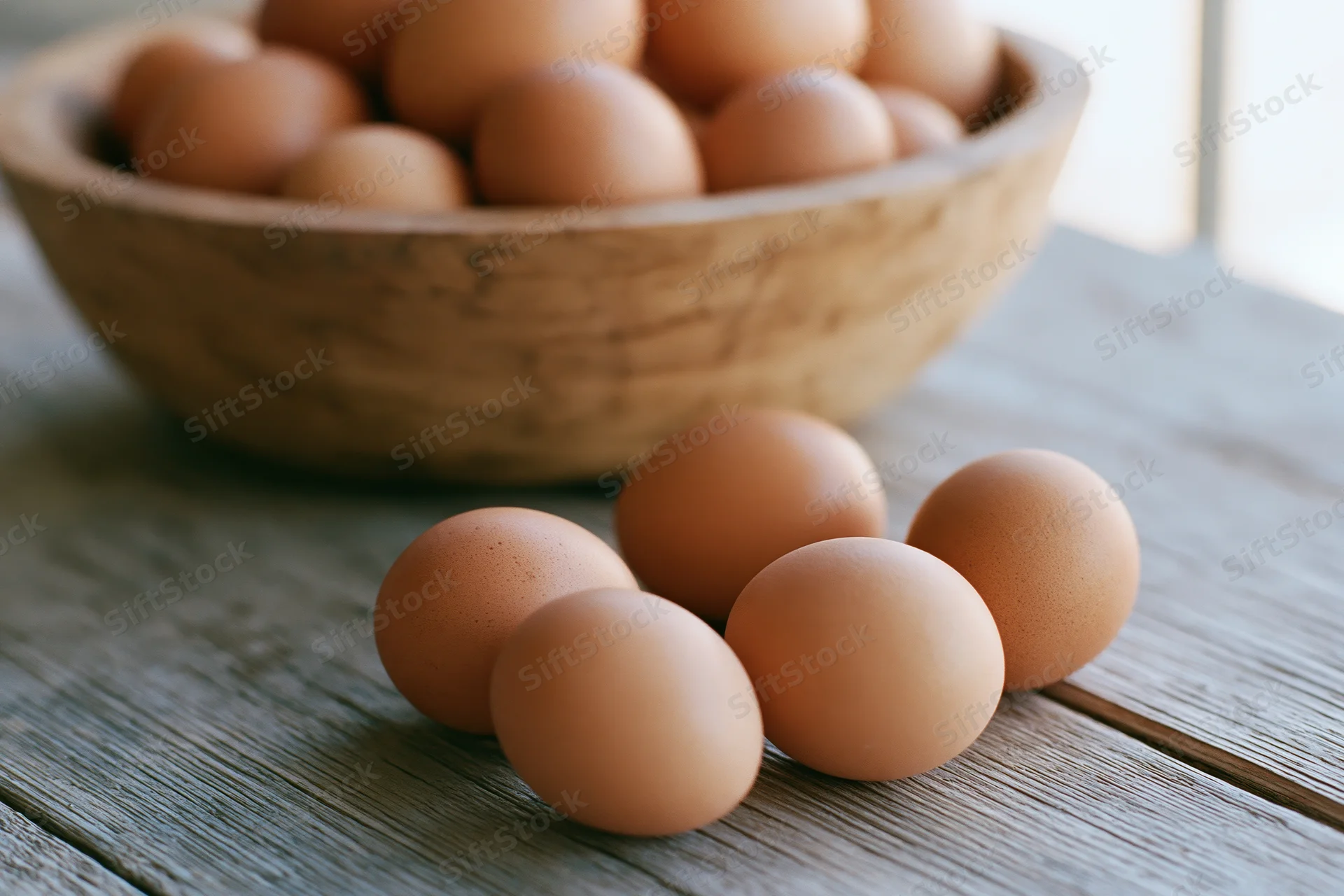 Brown chicken eggs arranged on a weathered wooden table