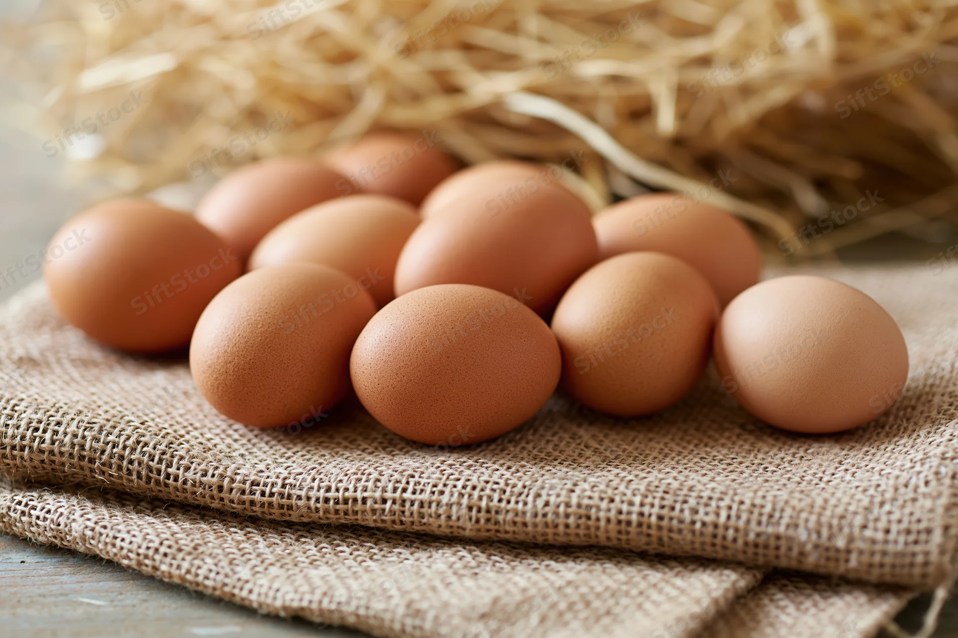 Brown chicken eggs scattered on folded burlap cloth with straw in background