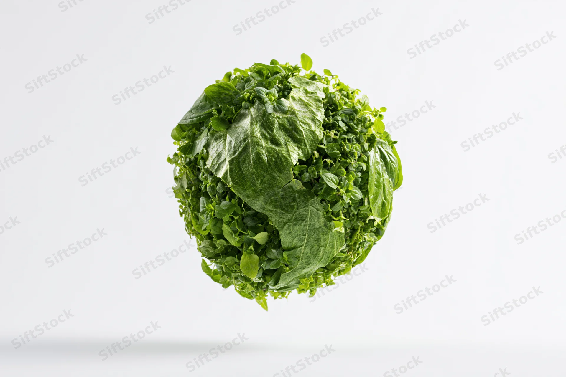 Spherical globe formed from dense green leaves floating against white background