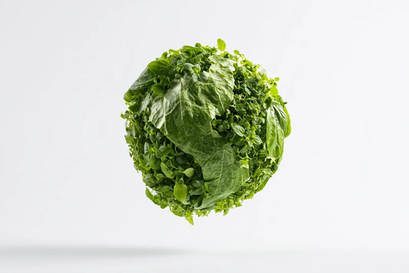 Spherical globe formed from dense green leaves floating against white background